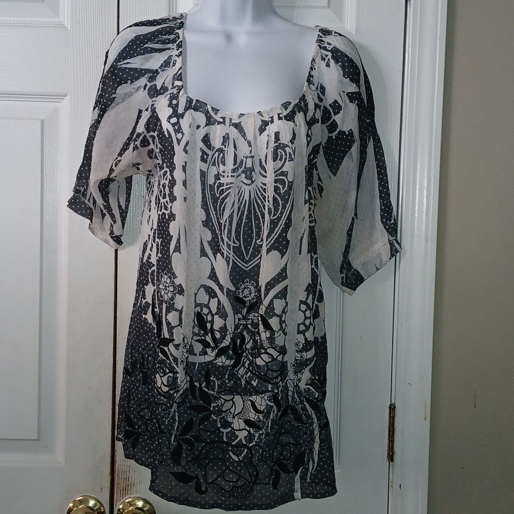 Mushka by Sienna Rose white and forest green blouse Sz L EUC